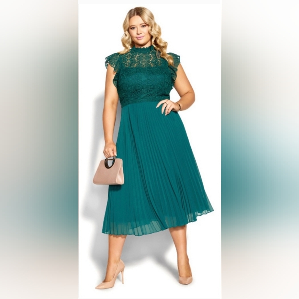 NWT City Chic Livia Lace Top Pleated Midi Dress in Alpine Blue - Size 22 / XL